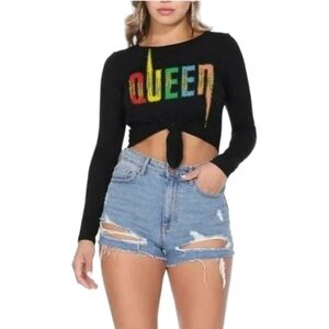 Black Cropped Long Sleeve Summer Top Bling New